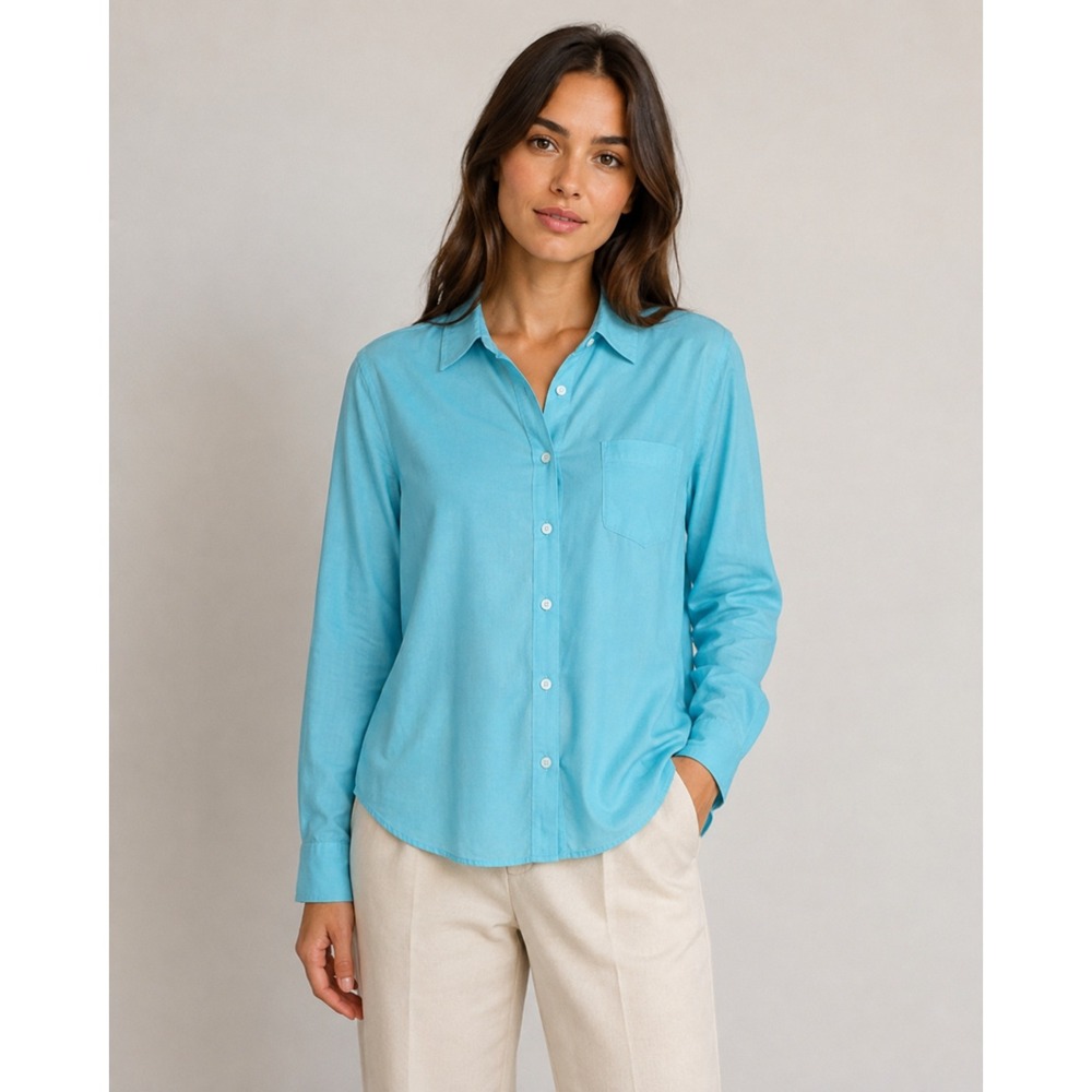 Turquoise Gingham Button Down‎ Shirt Womens XL Roll Tab Sleeve Dragonfly